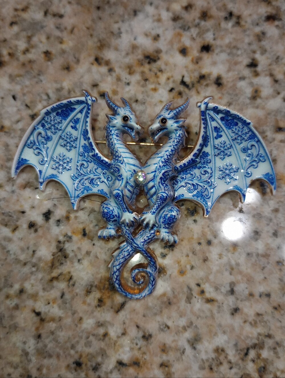Blue Double Dragon Brooch With Gem center Accent